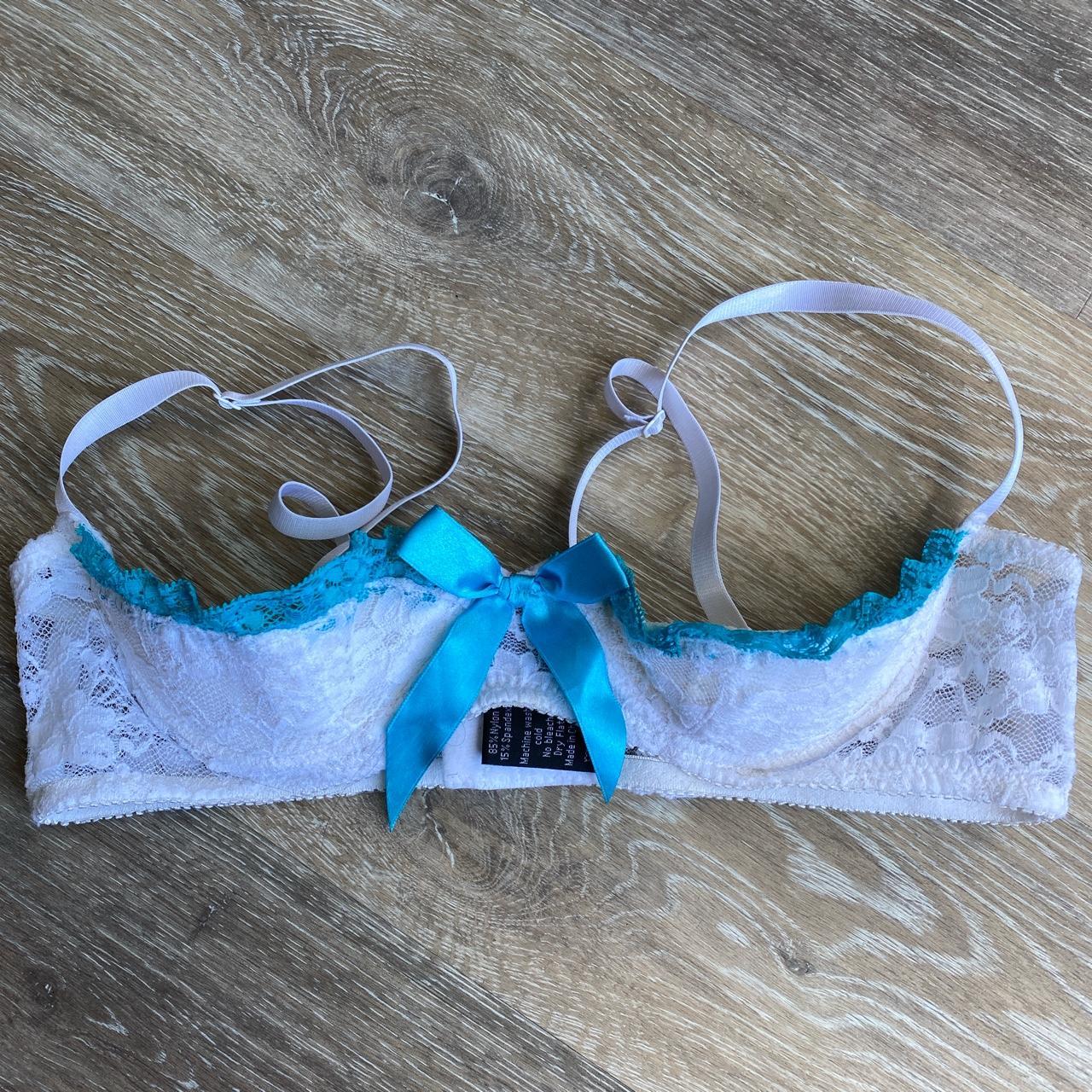 Super sexy and fun lace bra. White bra with teal... - Depop