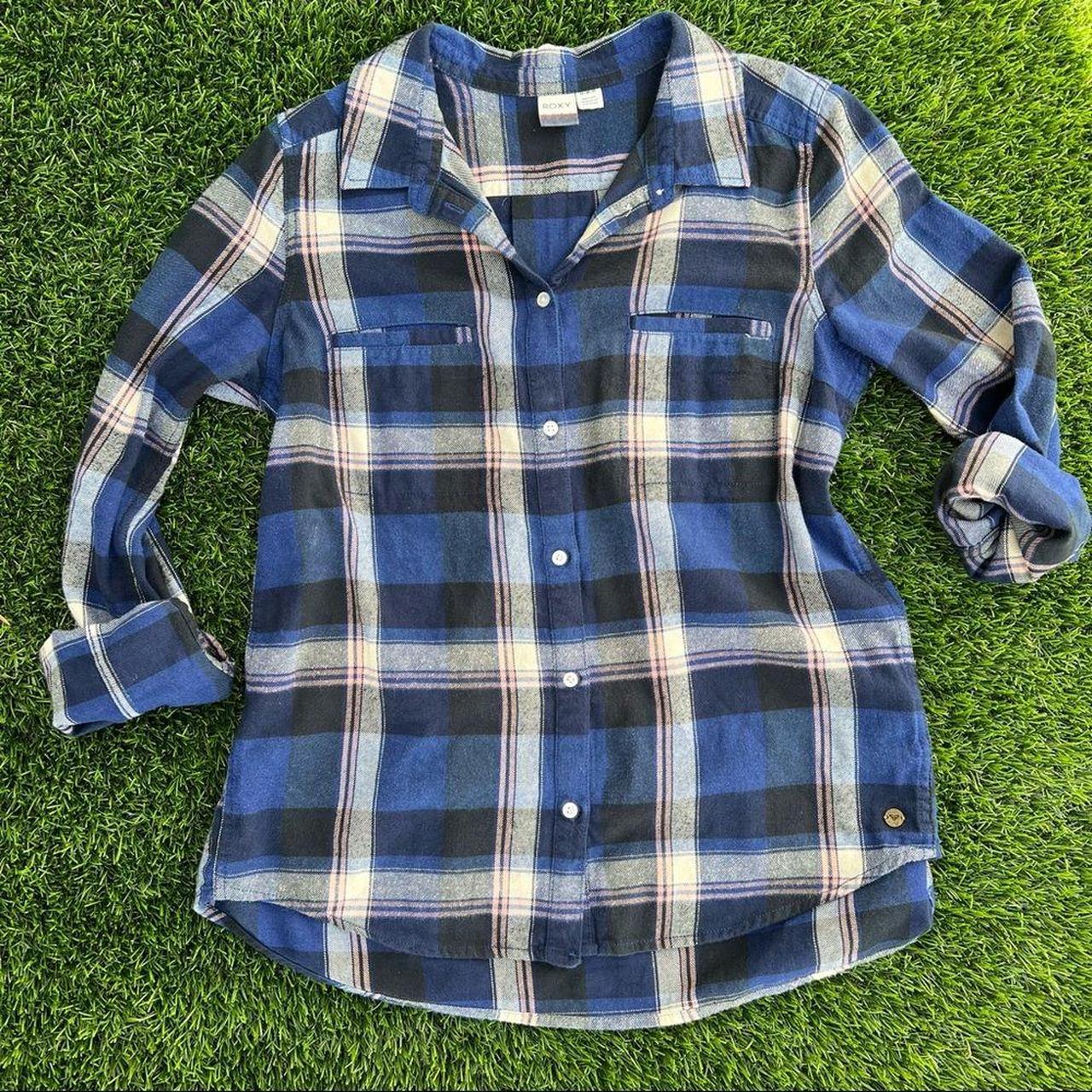 Roxy plaid flannel button down shirt. It is navy... Depop