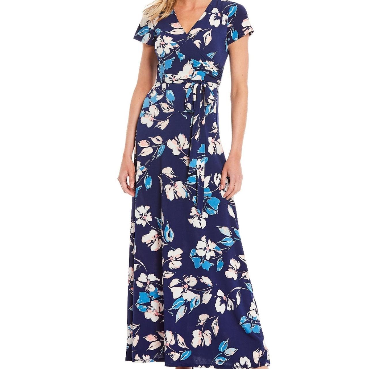 New Eliza J Navy Floral Faux Wrap Maxi Dress... - Depop