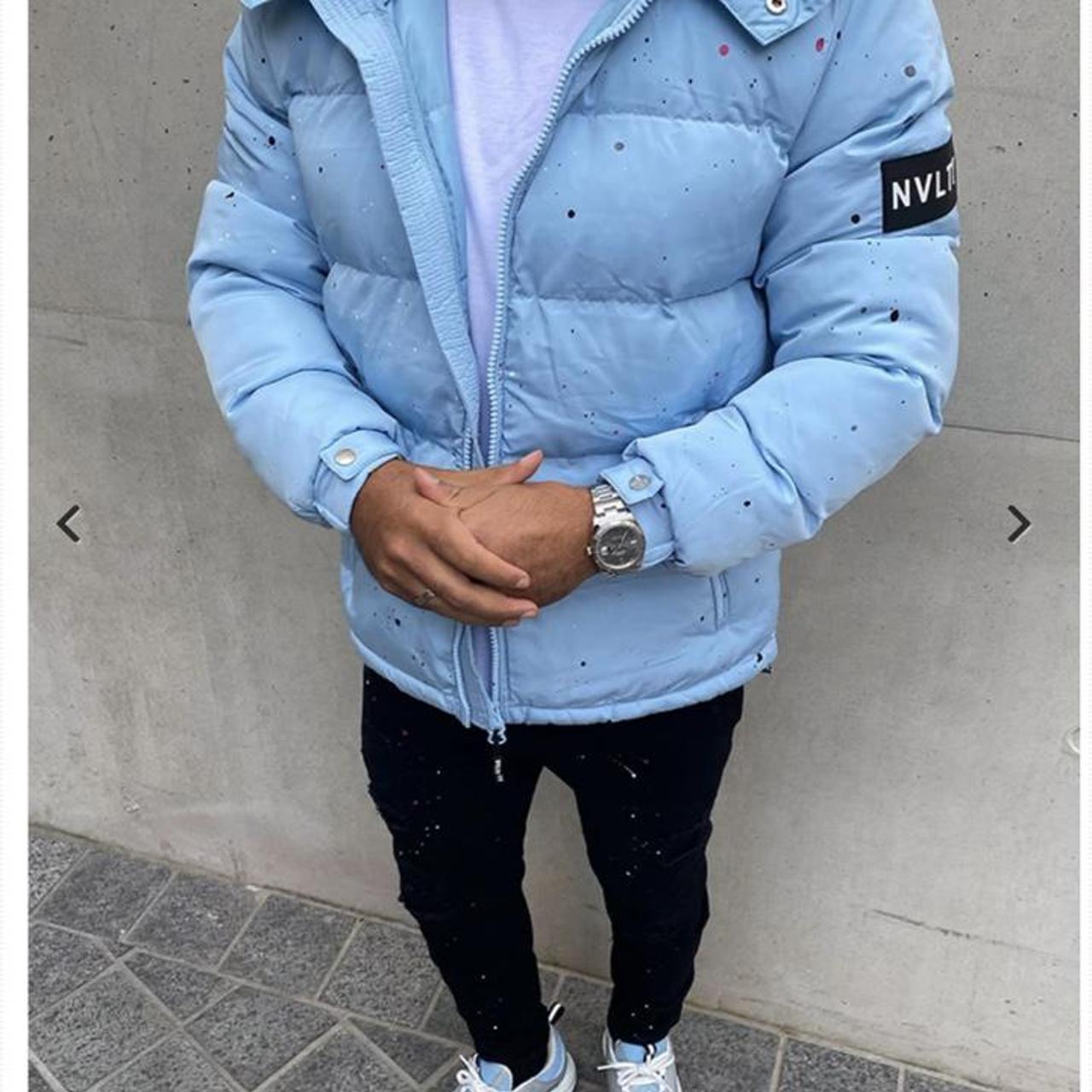 NVLTY paint puffer jacket baby blue. RETAIL PRICE... - Depop