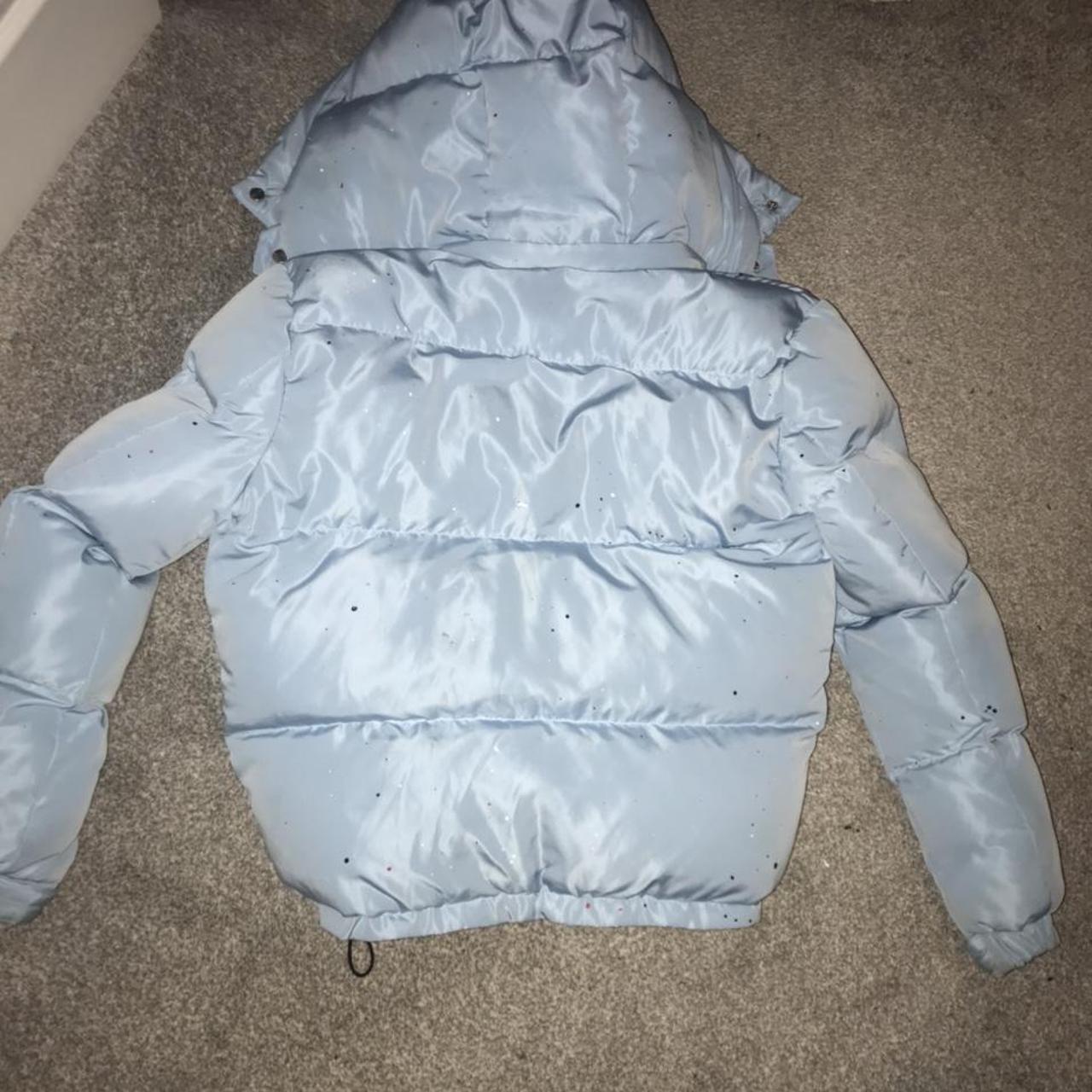 NVLTY paint puffer jacket baby blue. RETAIL PRICE... - Depop