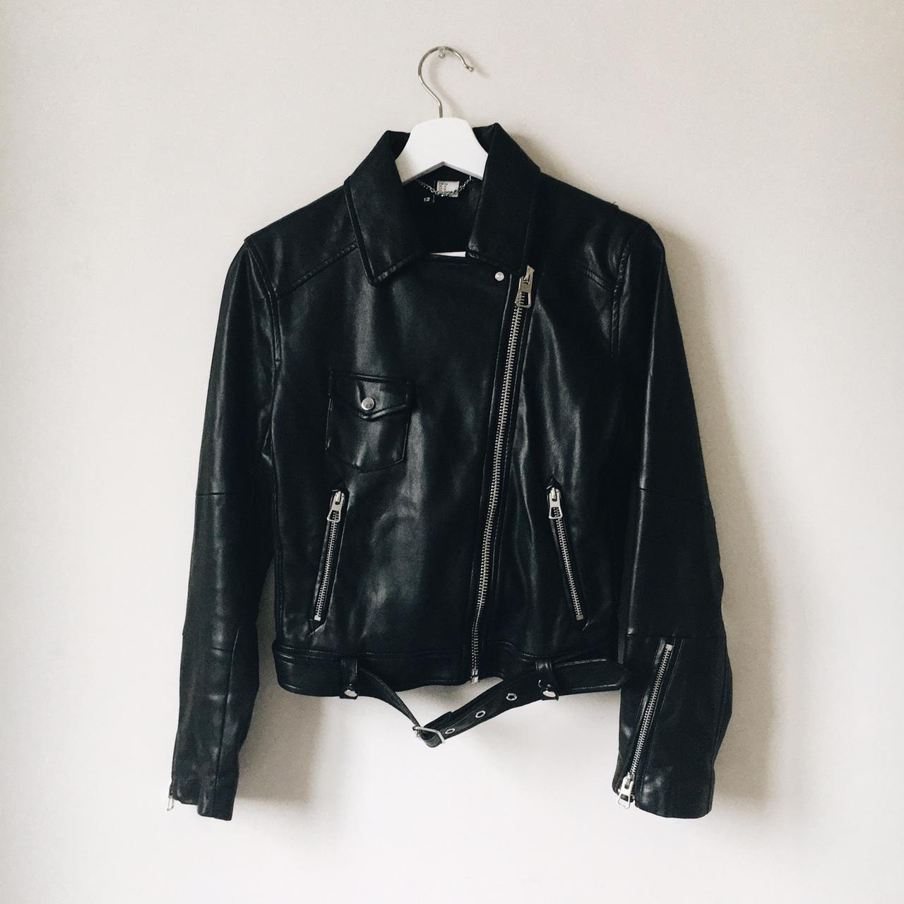 Imitation leather H&M black biker jacket with... - Depop