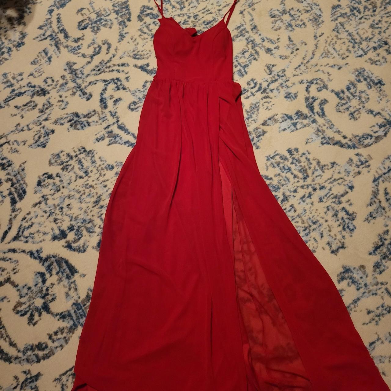 Red prom dress, with slit and super cute tie back!... - Depop