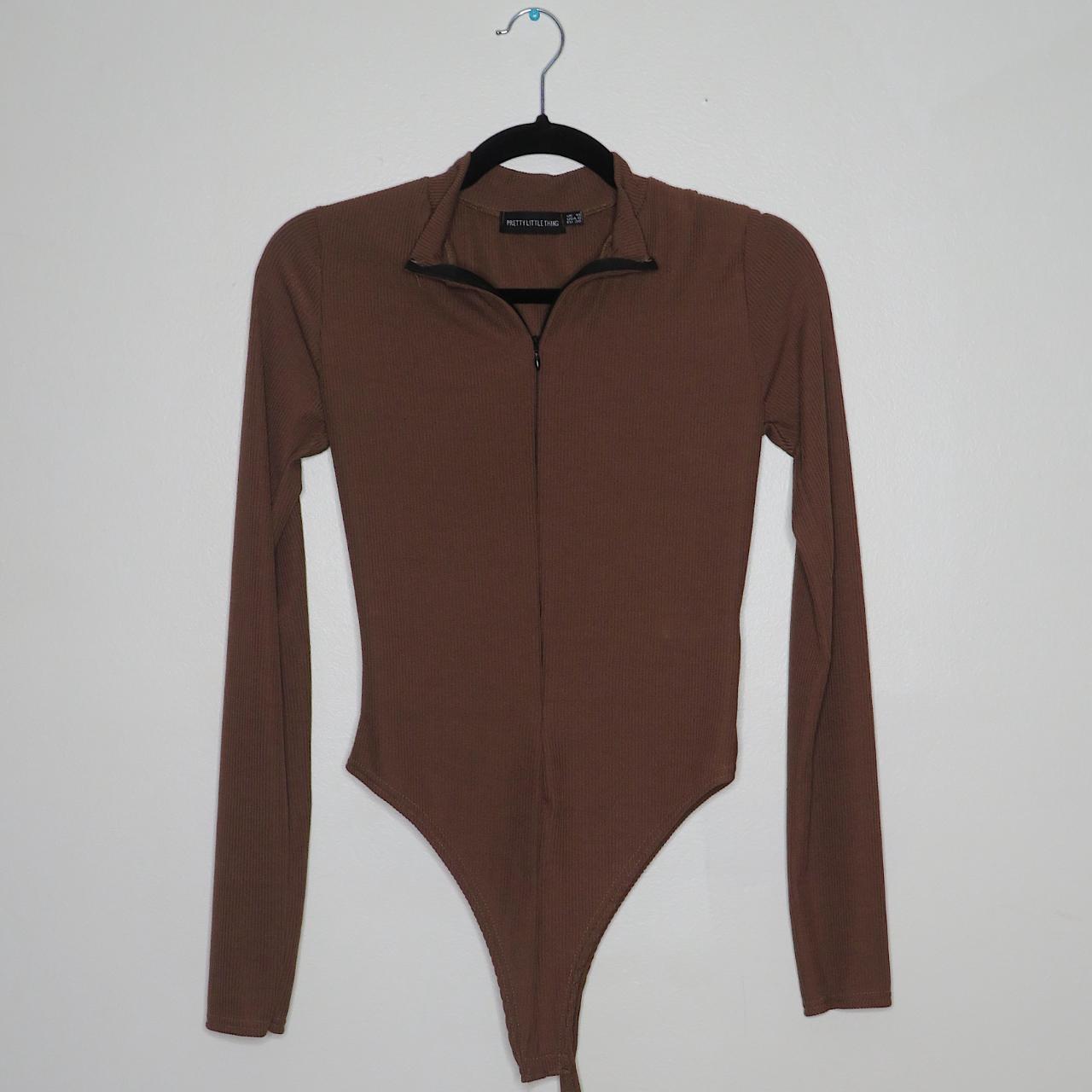 brown ribbed body suit • brown bodysuit with a... - Depop