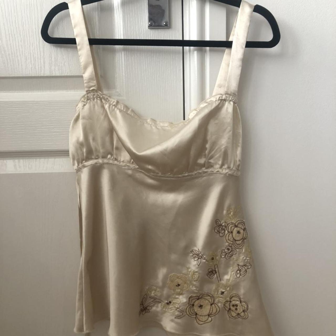 Satin top in champagne colour Embroidery on the... - Depop