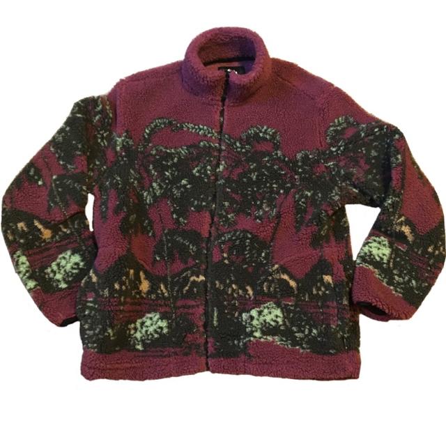 Stüssy Fleece HAWAIIAN JACQUARD MOCK Burgundy Palm... - Depop