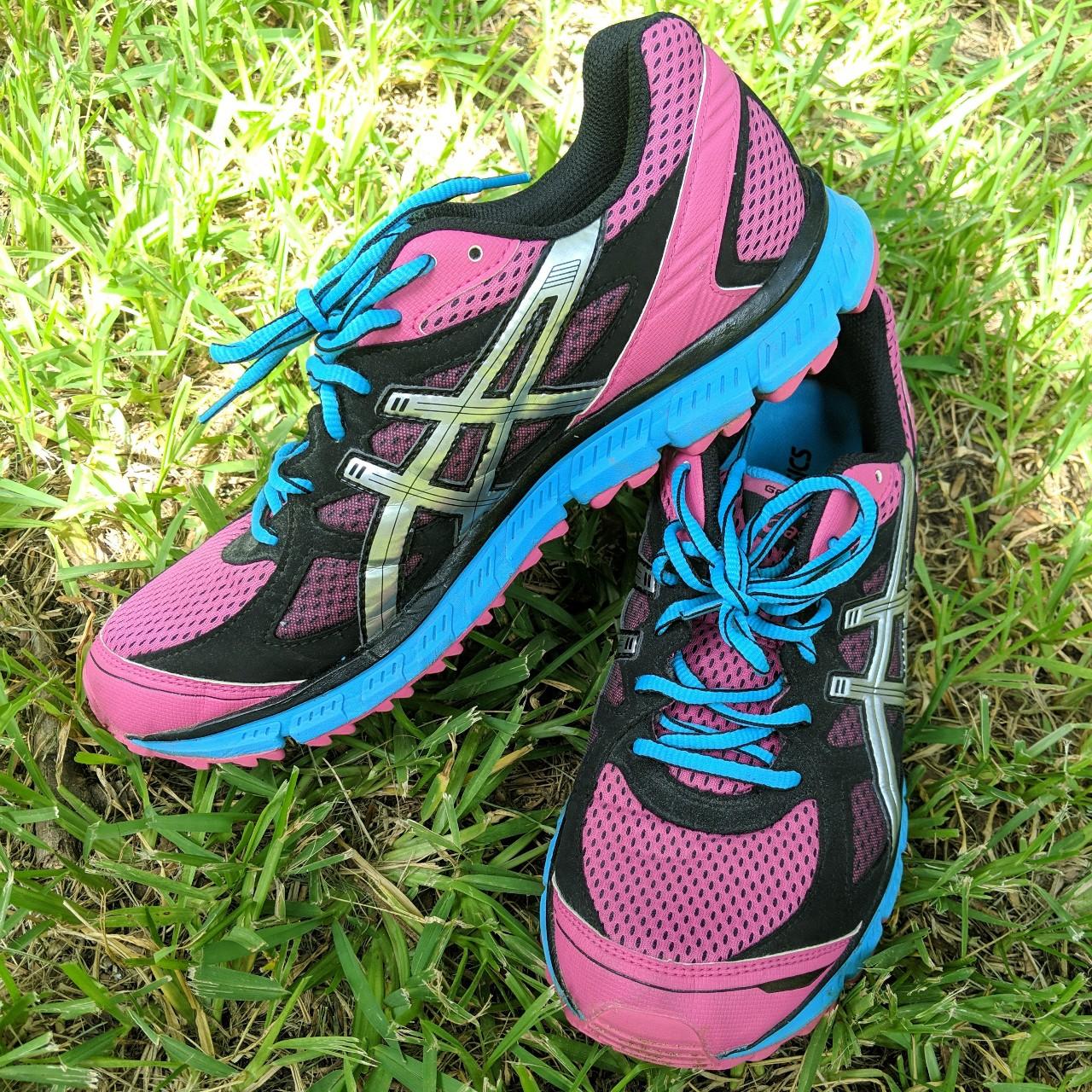 ASICS Women's Pink and Blue Trainers Depop