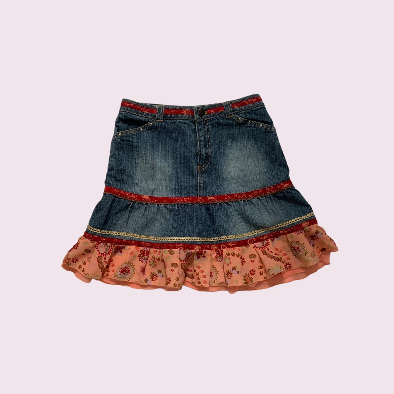 Mary Kate and Ashley denim and floral ruffle skirt,... - Depop