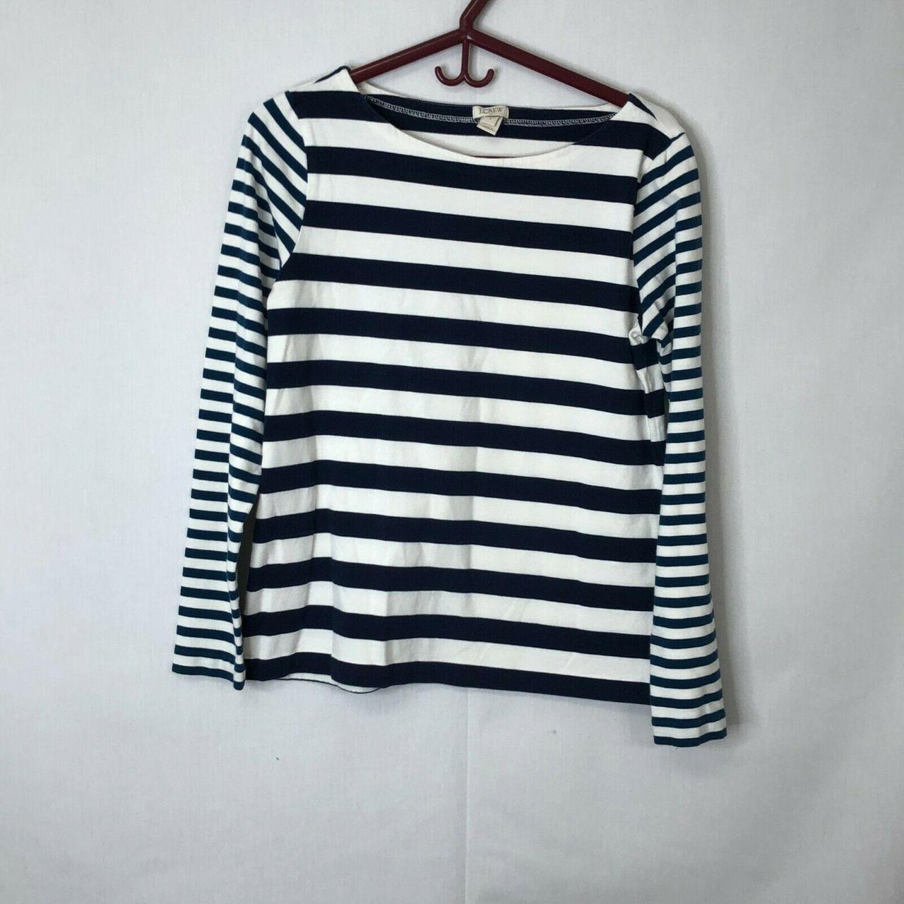 J. Crew Womens White Striped Round Neck Long Sleeve... - Depop