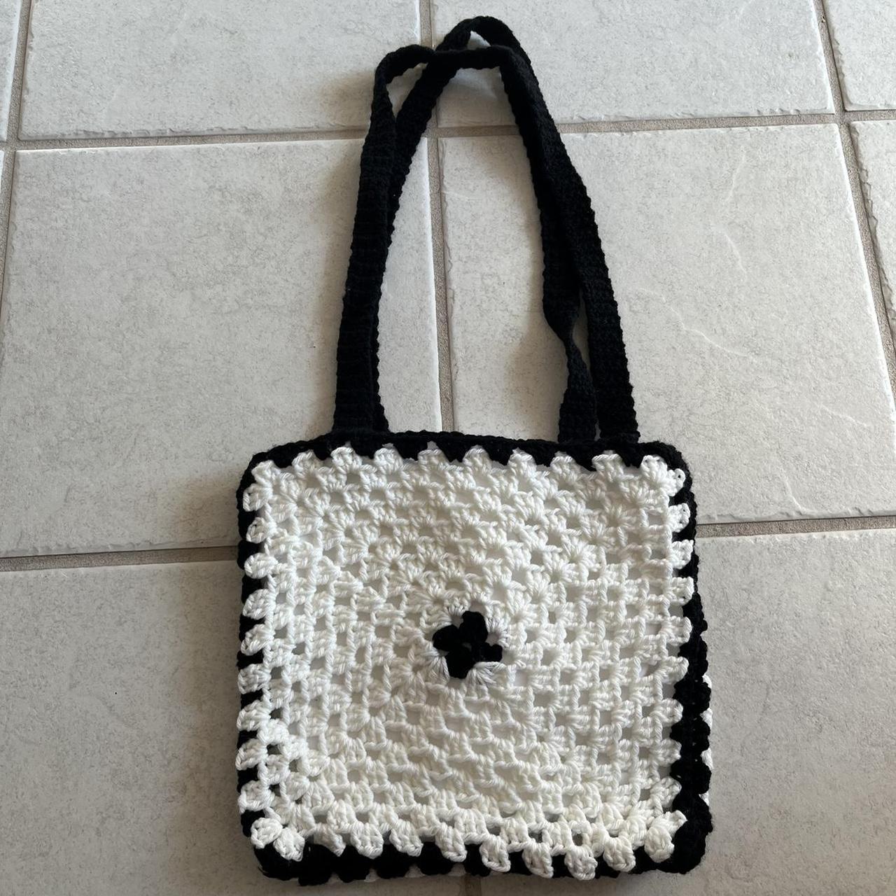 10.5x10.5” black & white flower crochet purse. lined... - Depop