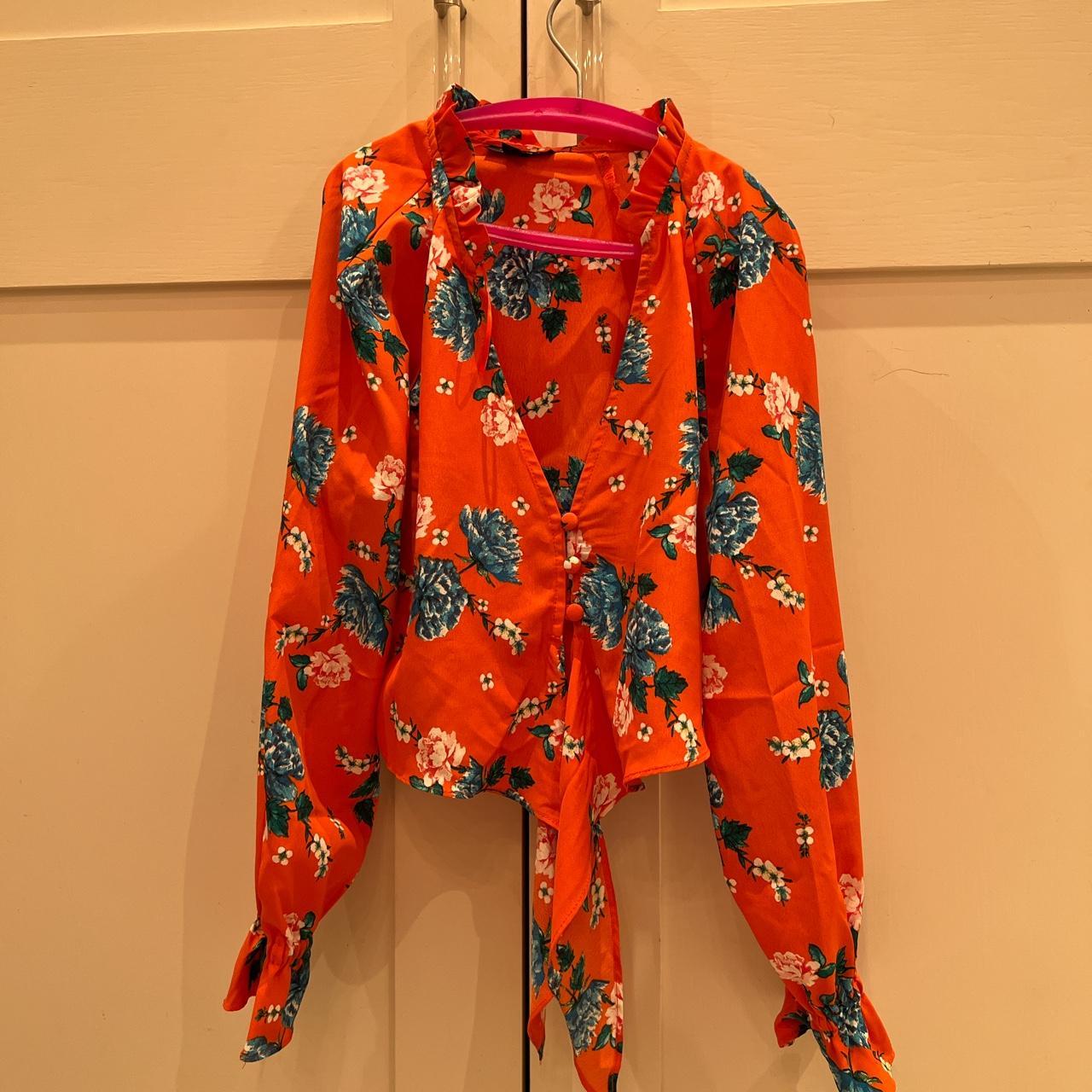 Depop orange floral cropped blouse with... - Depop