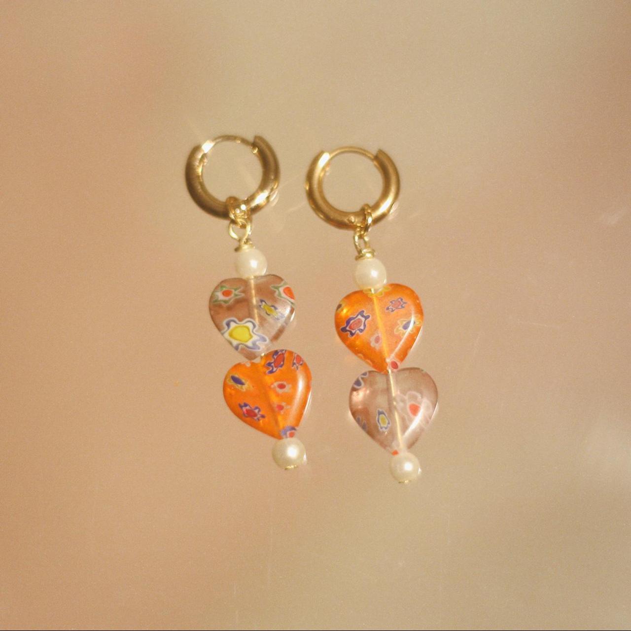 Product Image 1 - 🧡 Mismatched millefiori heart earrings!