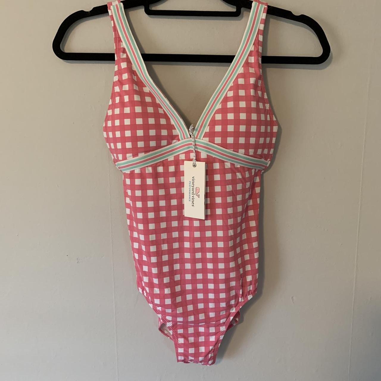 Vineyard Vines pink checkered one piece swimsuit... Depop