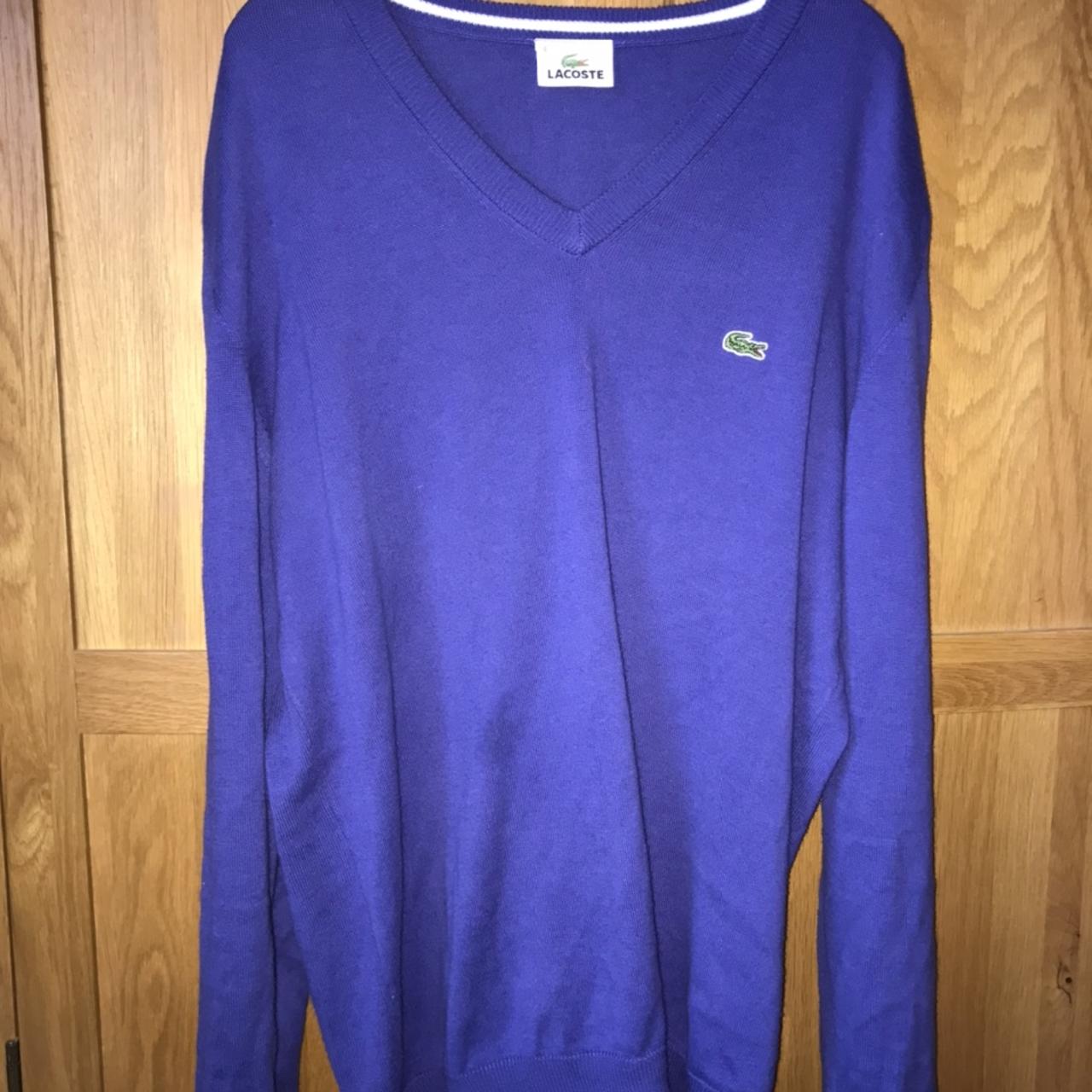 purple / blue v neck lacoste knitted sweater jumper.... - Depop