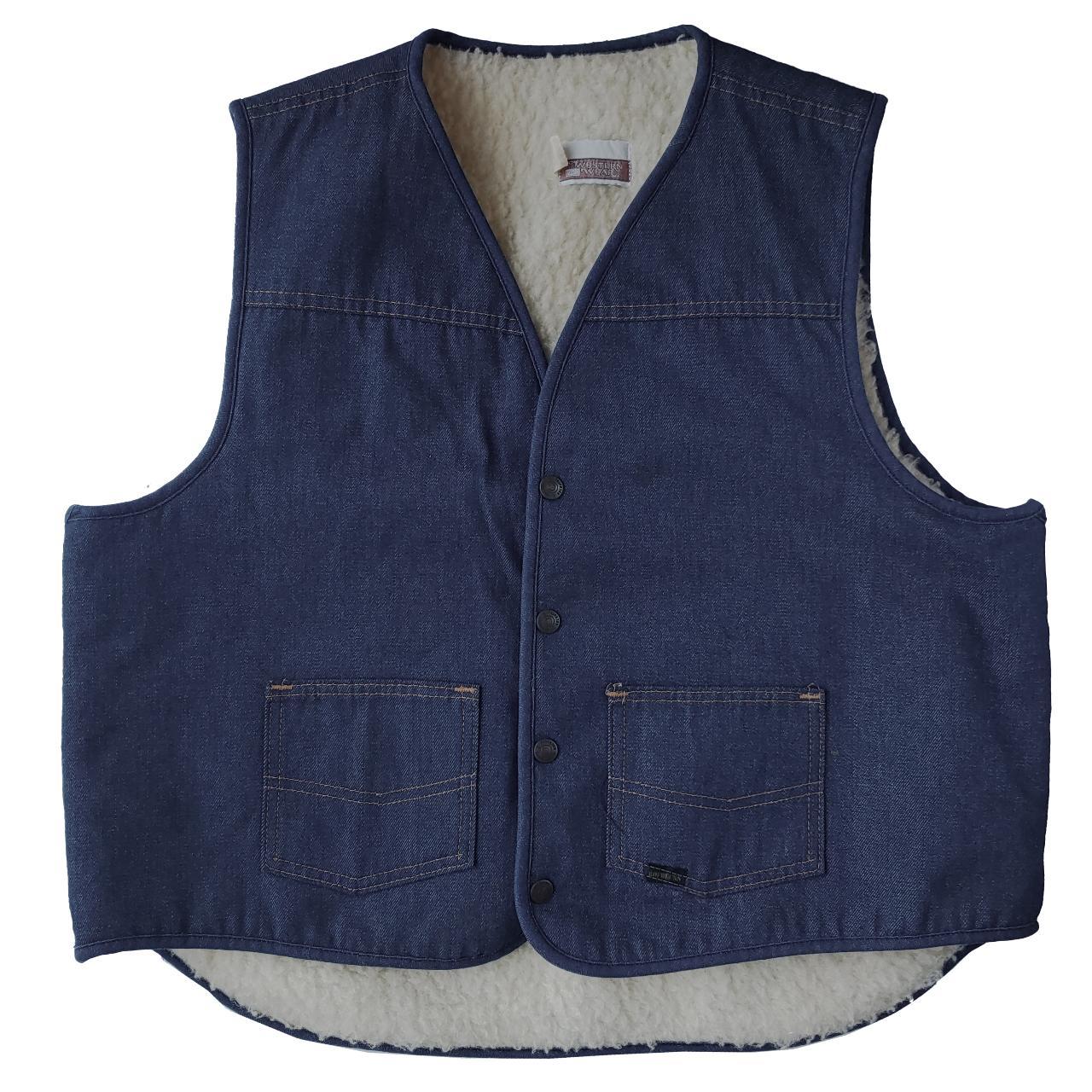 Vintage Blue Western Denim Vest, size XL. Shearling... - Depop