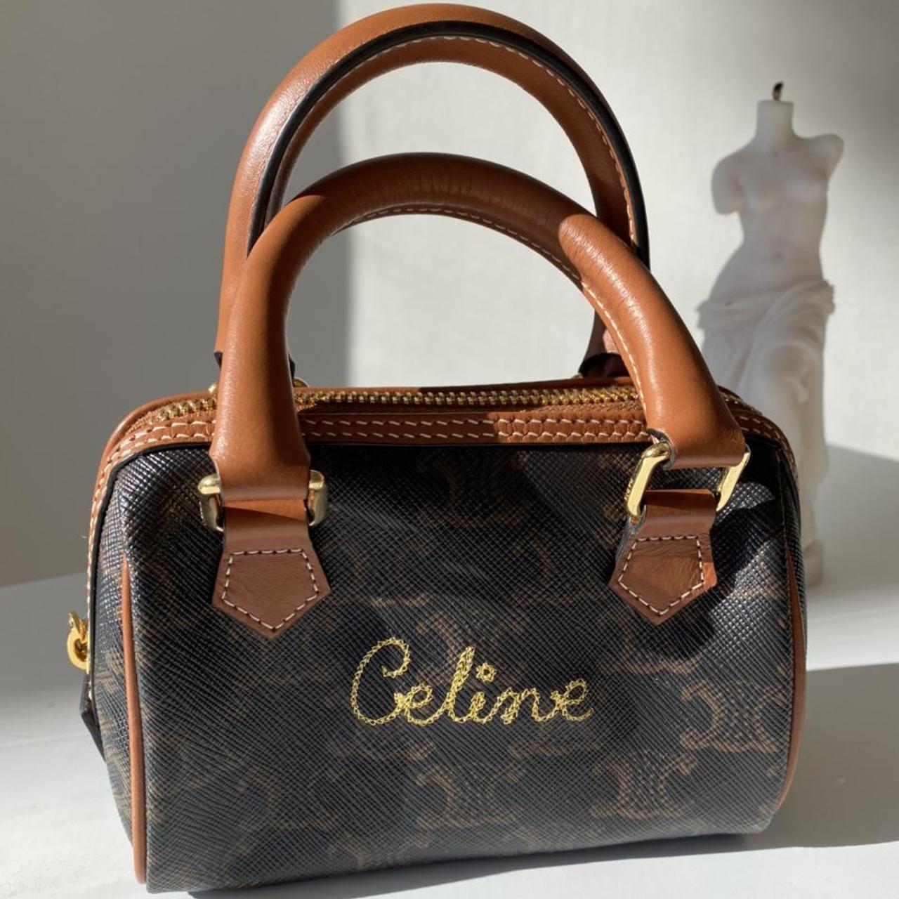 CELINE MINI BOSTON BAG IN TRIOMPHE CANVAS WITH... - Depop