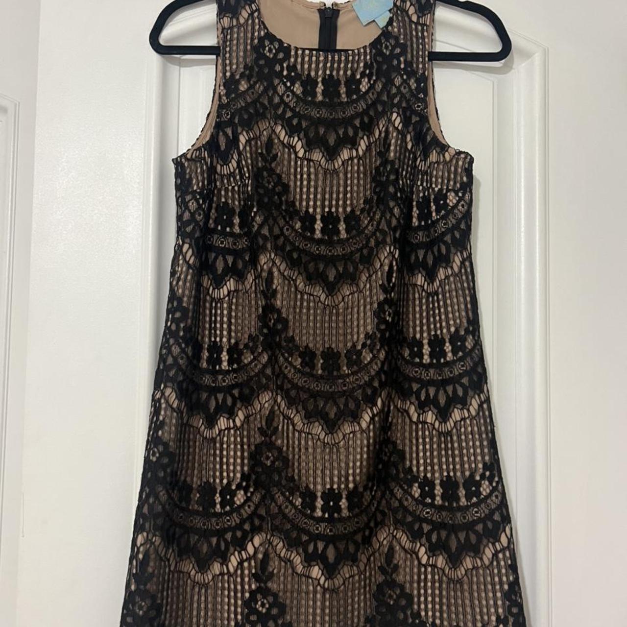 CeCe Women's Tan and Black Dress | Depop