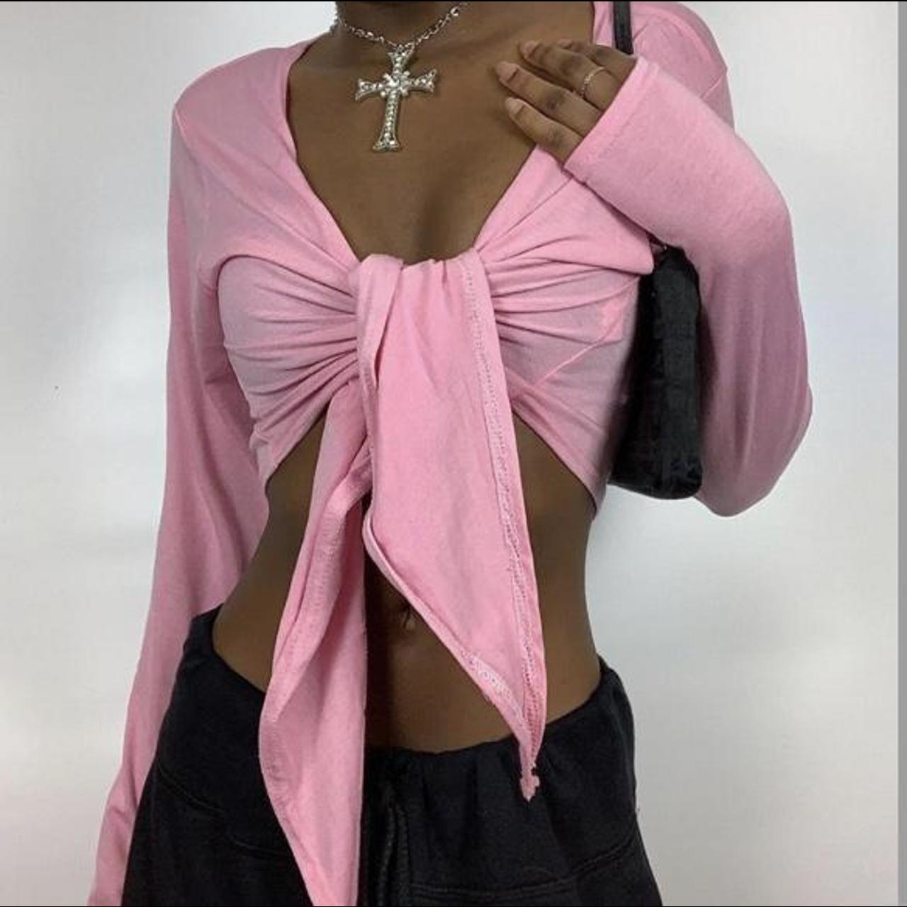 Y2k vintage style baby pink wrap crop top Size 610 Depop