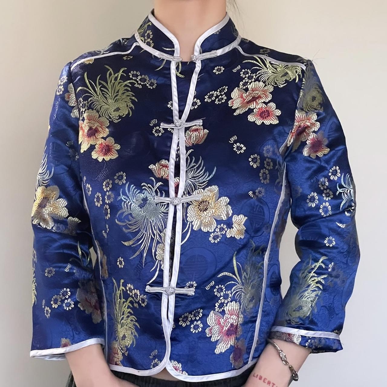 Beautiful blue Chinese silk floral print top - Depop