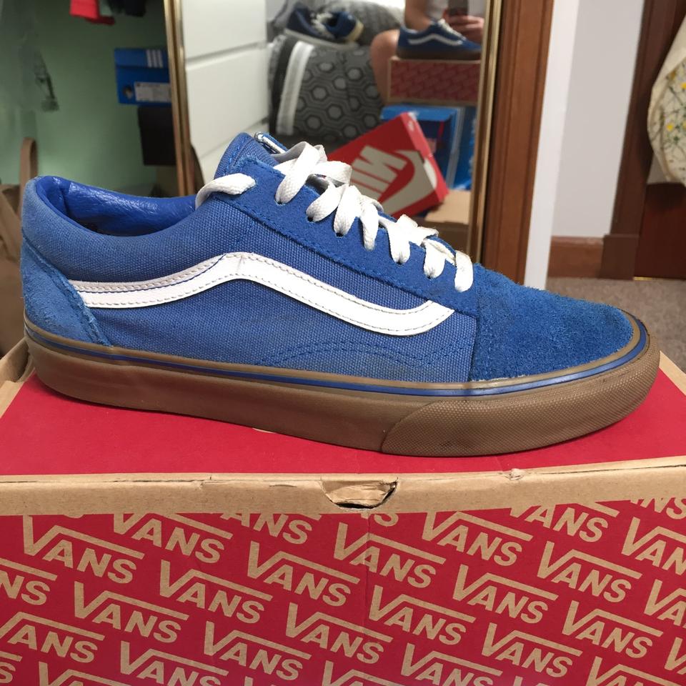 White vans with blue hot sale sole