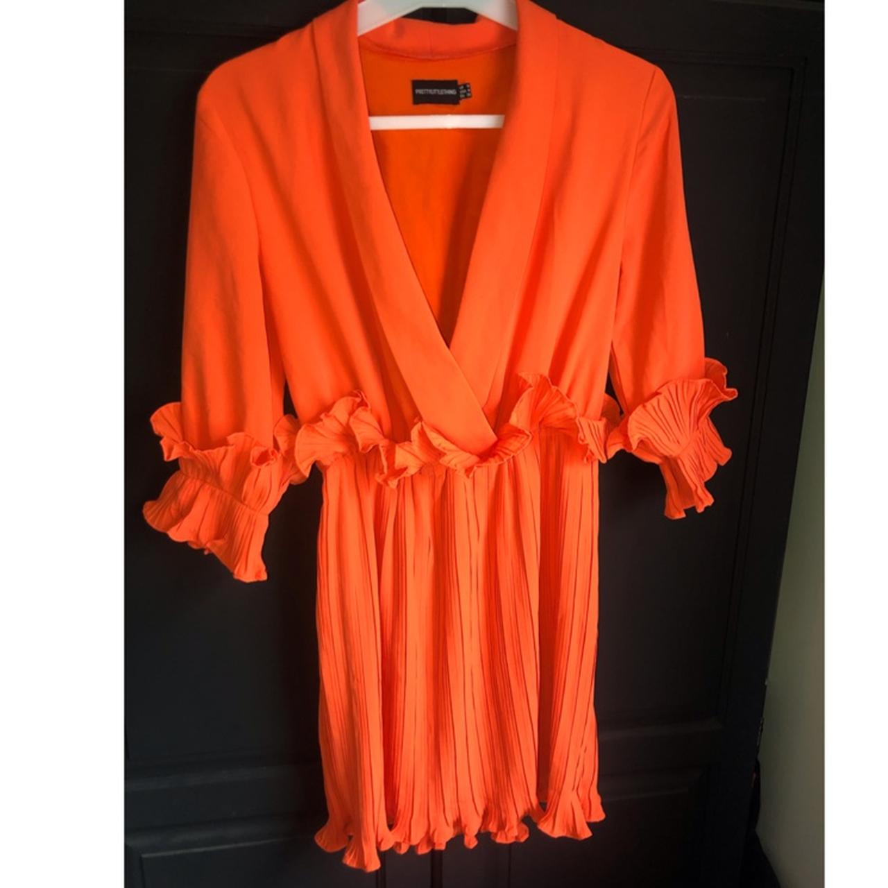 Bright orange frill detail pleated skater dress. Depop