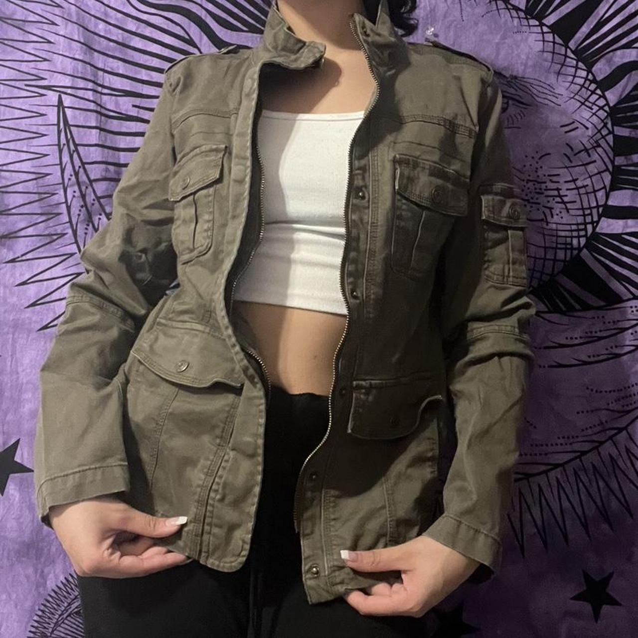 Army green jacket with buttons and zippers no... Depop