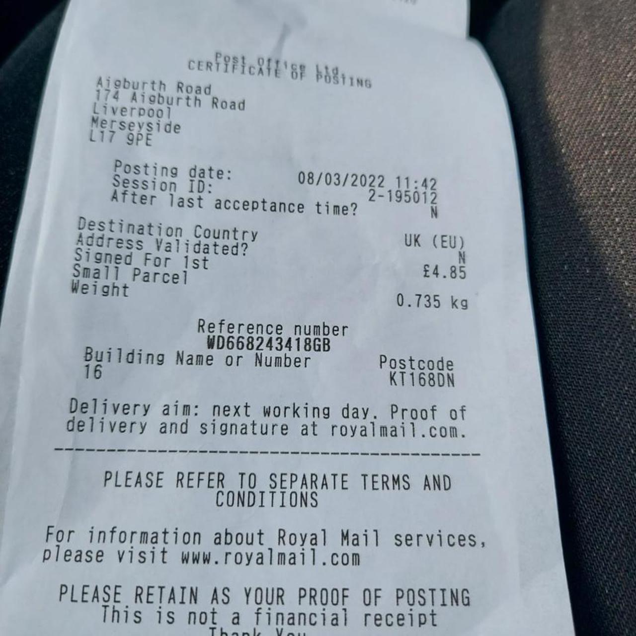 Proof of postage Depop