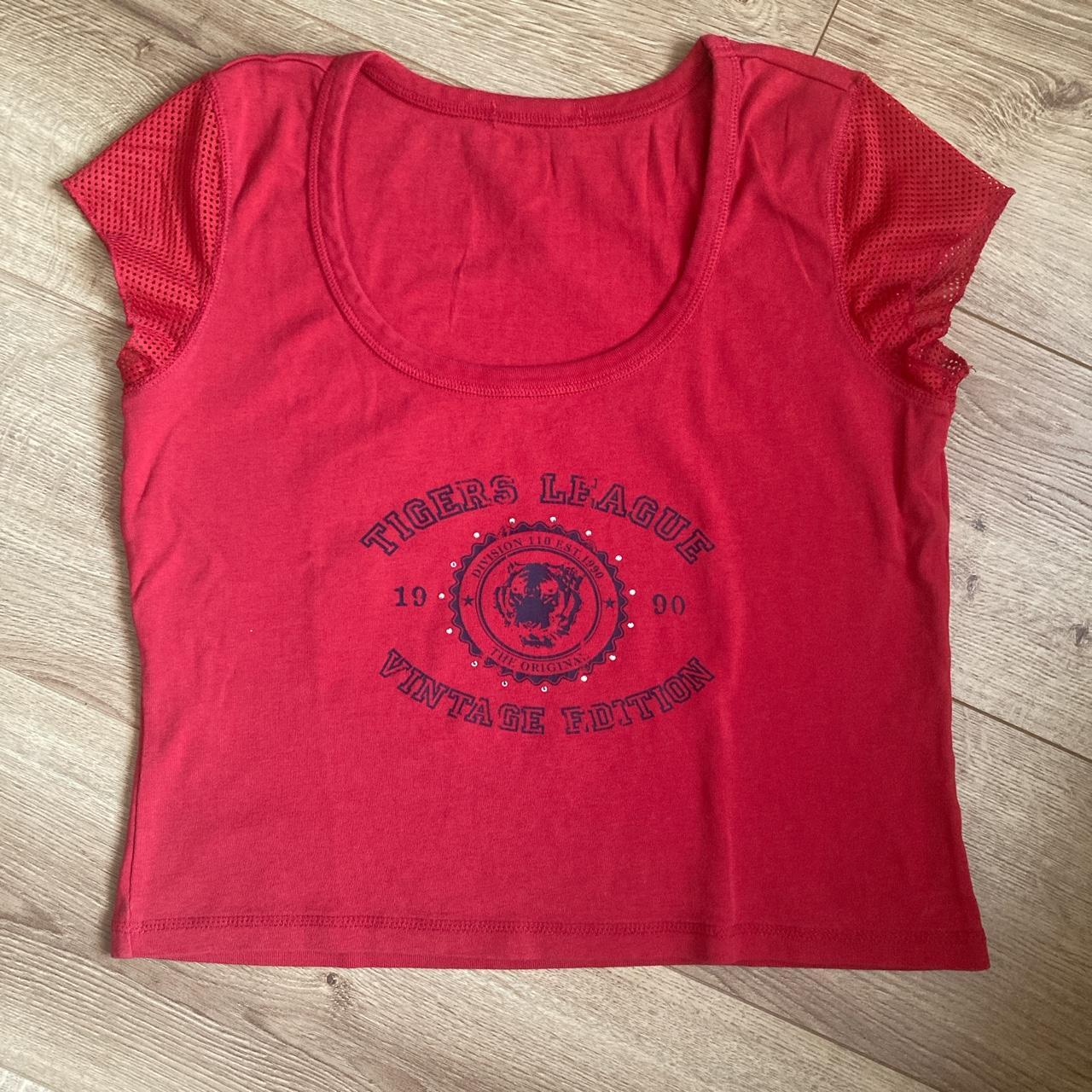 Y2K Red T-shirt With mesh cap sleeve Scooped... - Depop