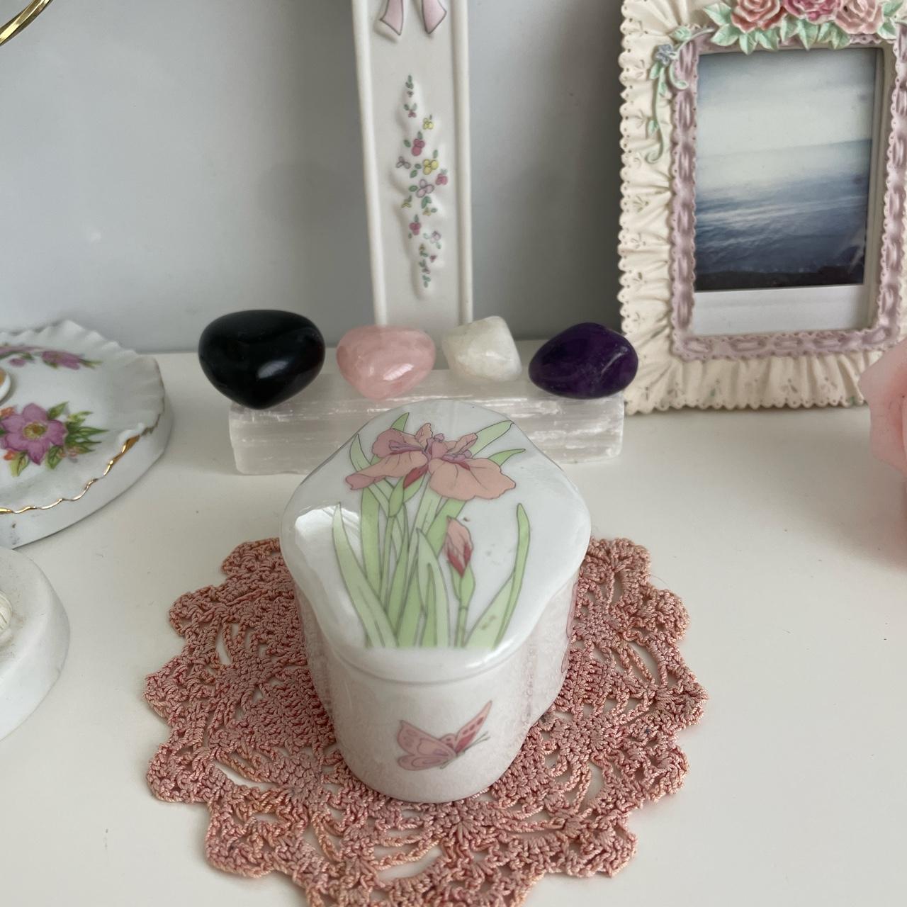 vintage 80s porcelain trinket box with pink floral... - Depop