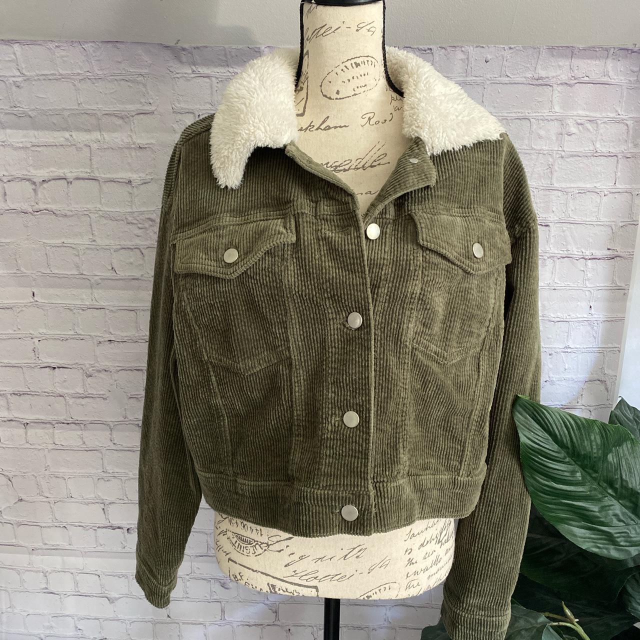 Wild Fable, army green, corduroy, silver button up... - Depop