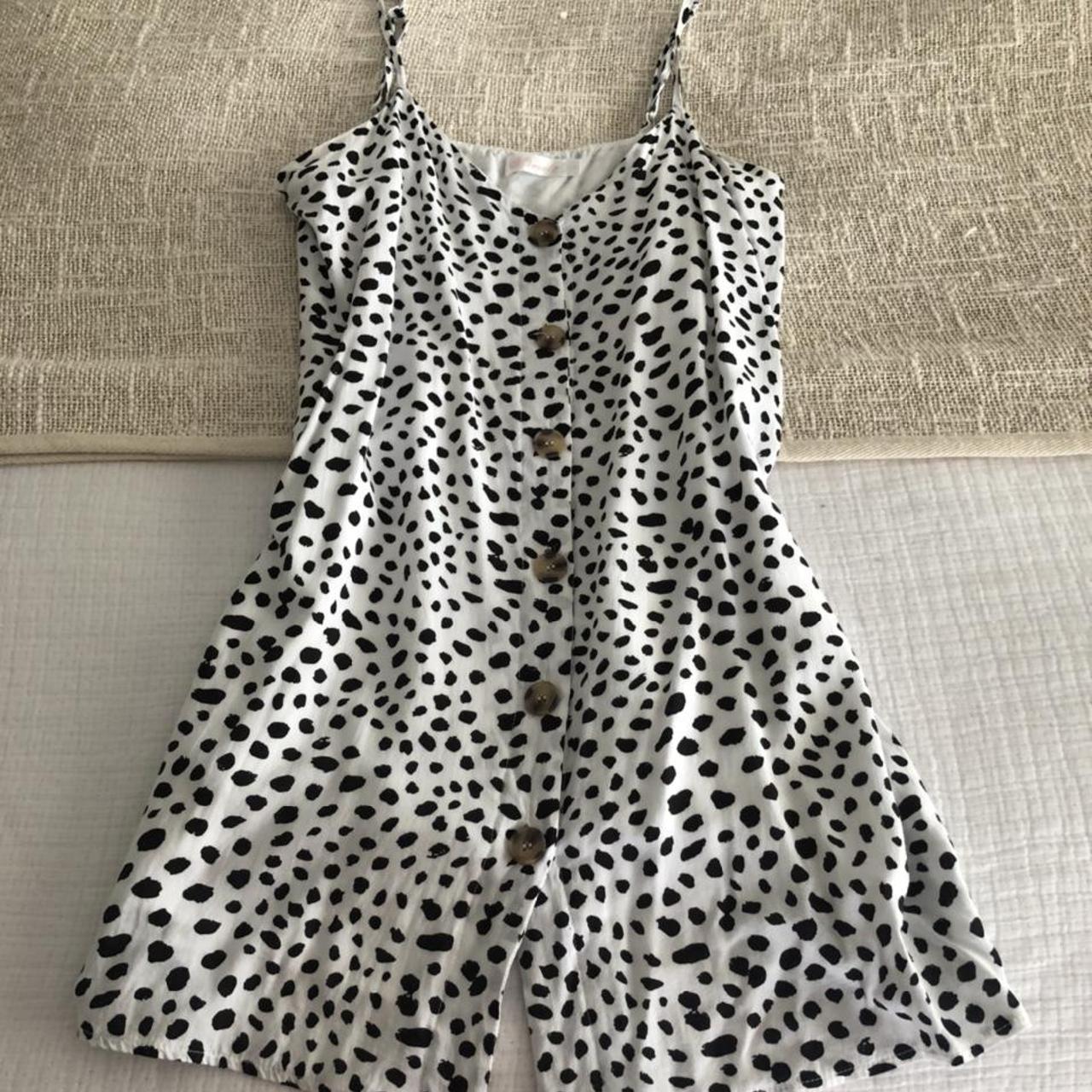White and black polka dot dress super comfy (has... - Depop