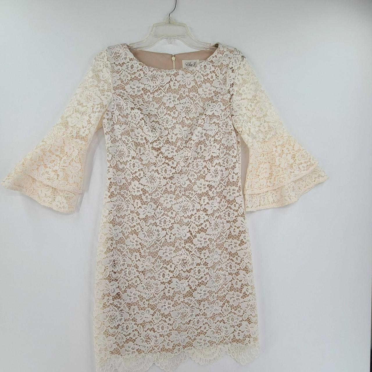 Eliza J Lace Shift Dress Long Sleeve Cream with Nude... - Depop