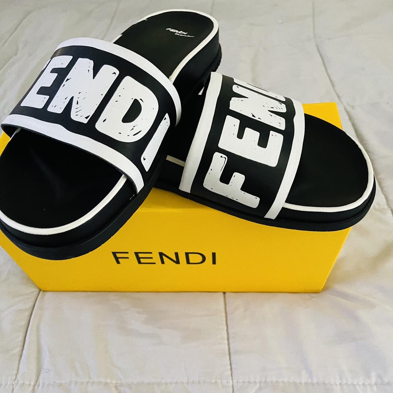 Fendi Women's Black and White Slides Depop
