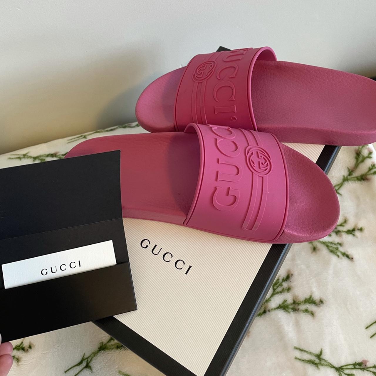 Lightly worn pink Gucci slides! They come with the... - Depop