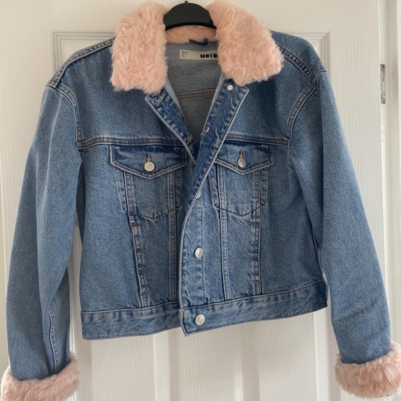 pink fluff trim blue denim jacket size 10... Depop