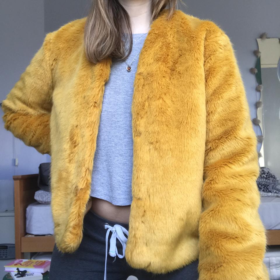 yellow fluffy faux fur jacket from pull & bear worn... - Depop