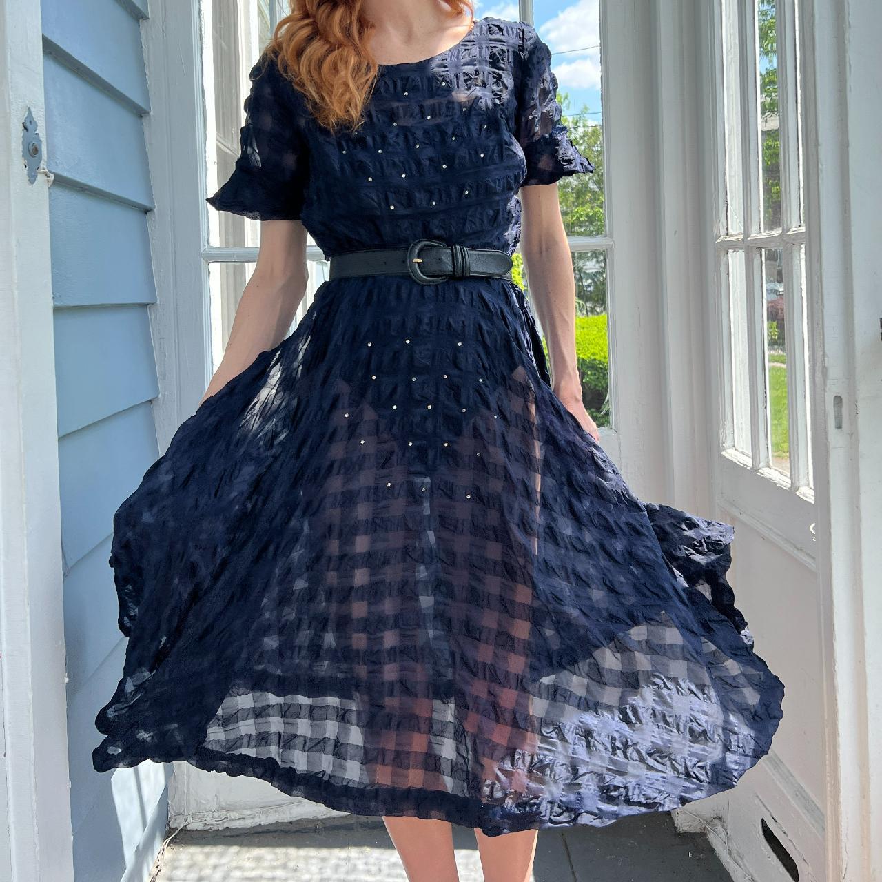 Gorgeous 1940s sheer navy checkered dress with...