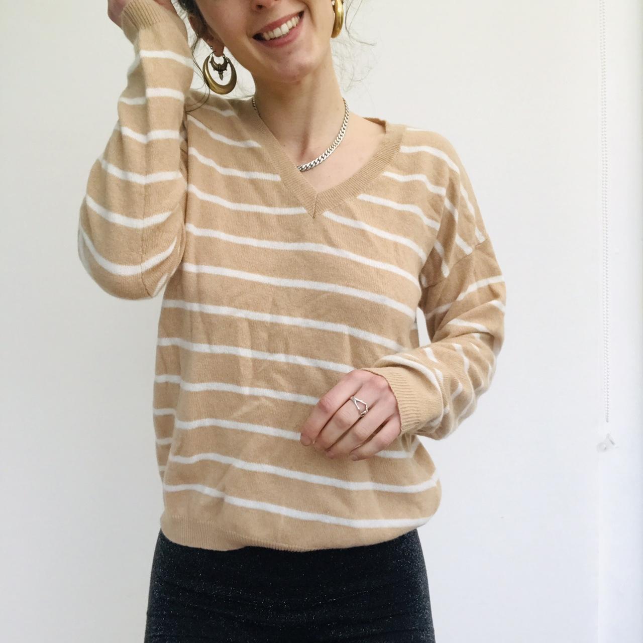 Beige and white thin knit striped cashmere sweater... - Depop