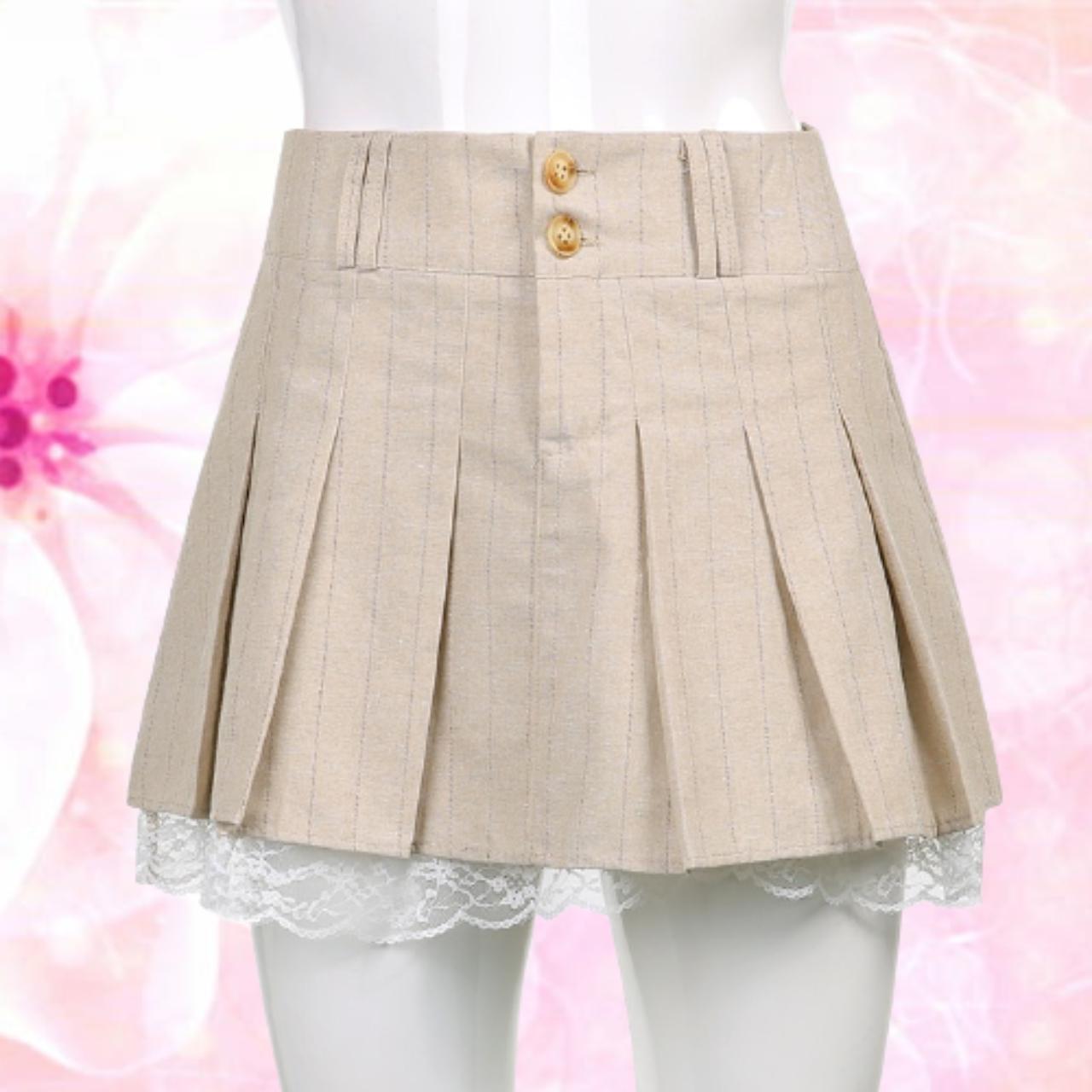 Khaki Short Skirt Lace Trim Cute Pleated Skirts... Depop