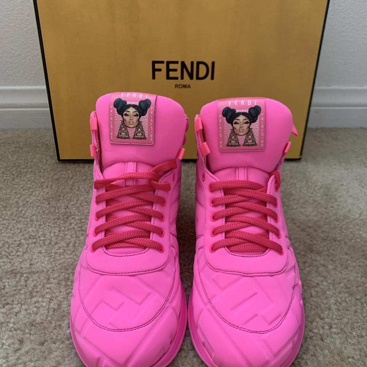 FENDI X NICKI MINAJ Lycra Macro FF Embossed Prints On High Top Sneakers 36  Pink 861313