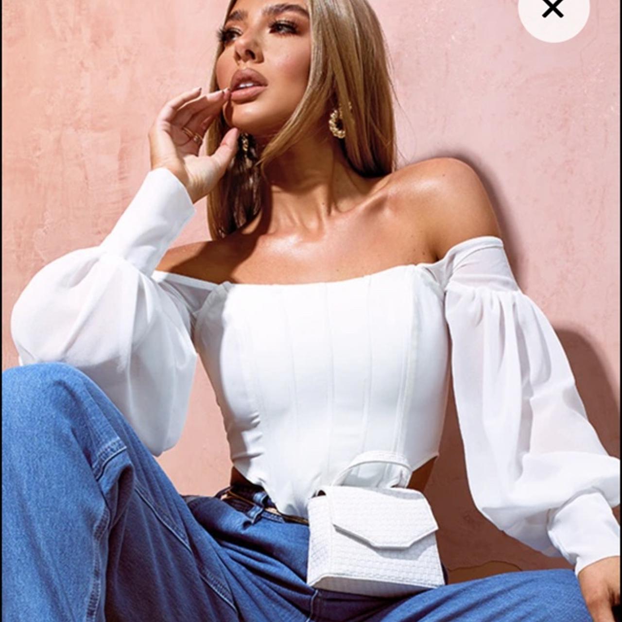 Corset Prettylittlething White Bardot Sheer Sleeve Corset Top Off