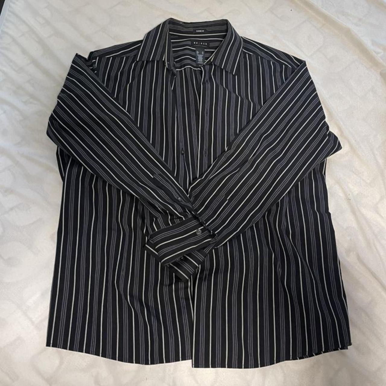 Black and purple pinstripe button up. Fits very... - Depop