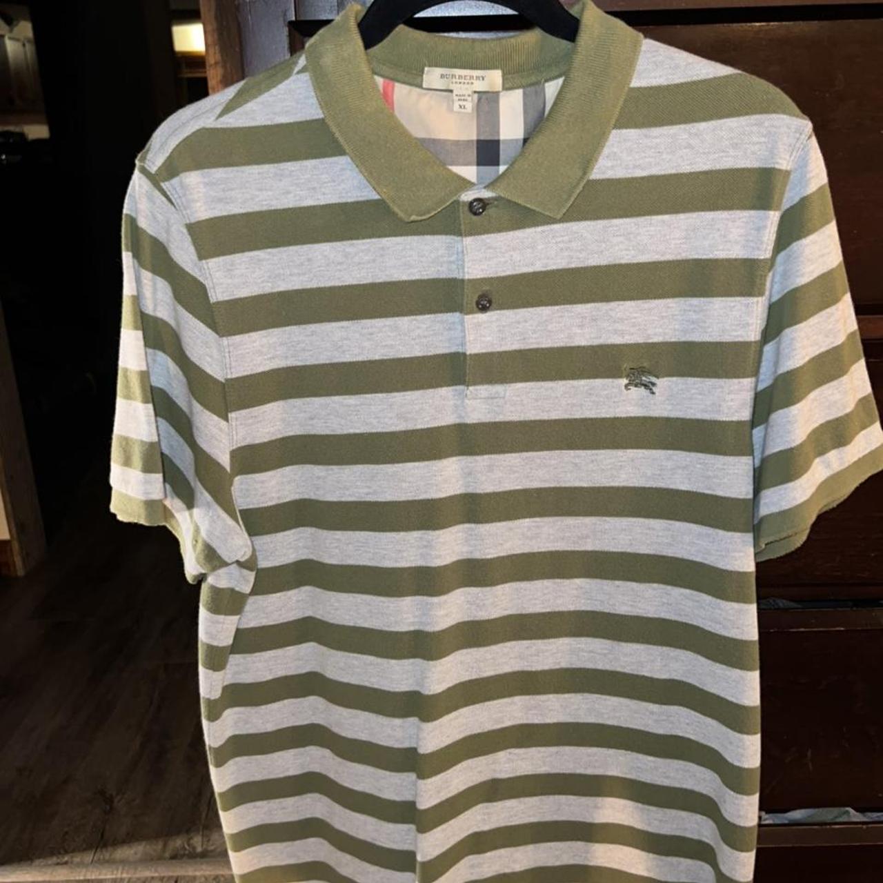 Vintage Burberry green and grey striped polo, bought... - Depop