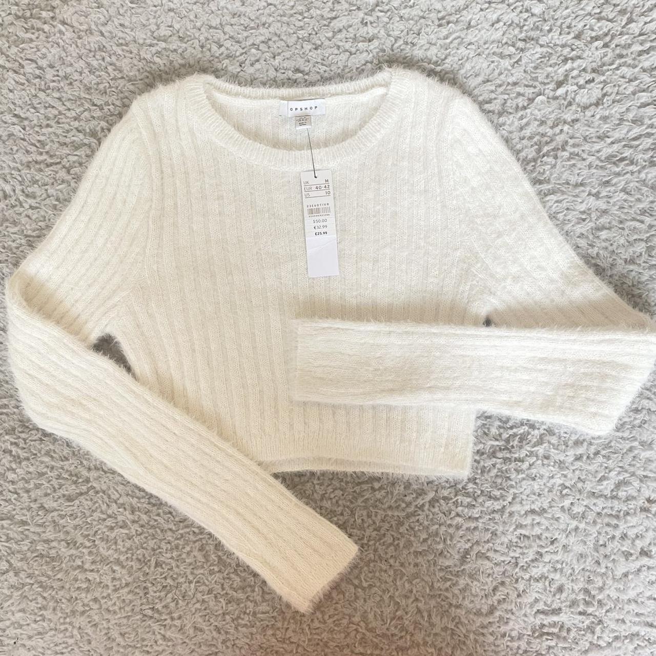 TOPSHOP knitted fluffy rib crop jumper in white/off... - Depop