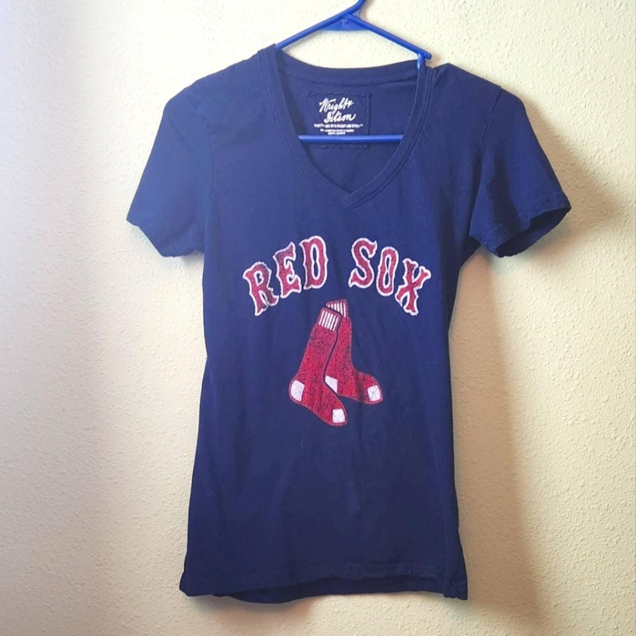 MLB Boston Red Sox Womens Short Sleeve V-Neck Shirt-Blue-Size