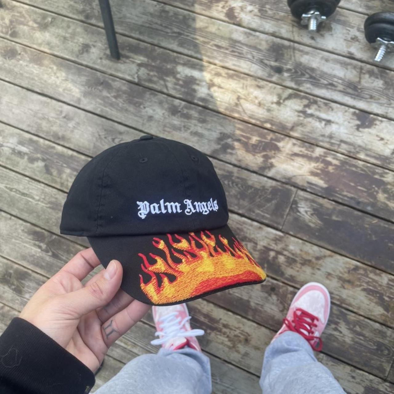 CAP IN BLACK WITH MULTICOLOR FLAMES EMBROIDERED AT | Depop