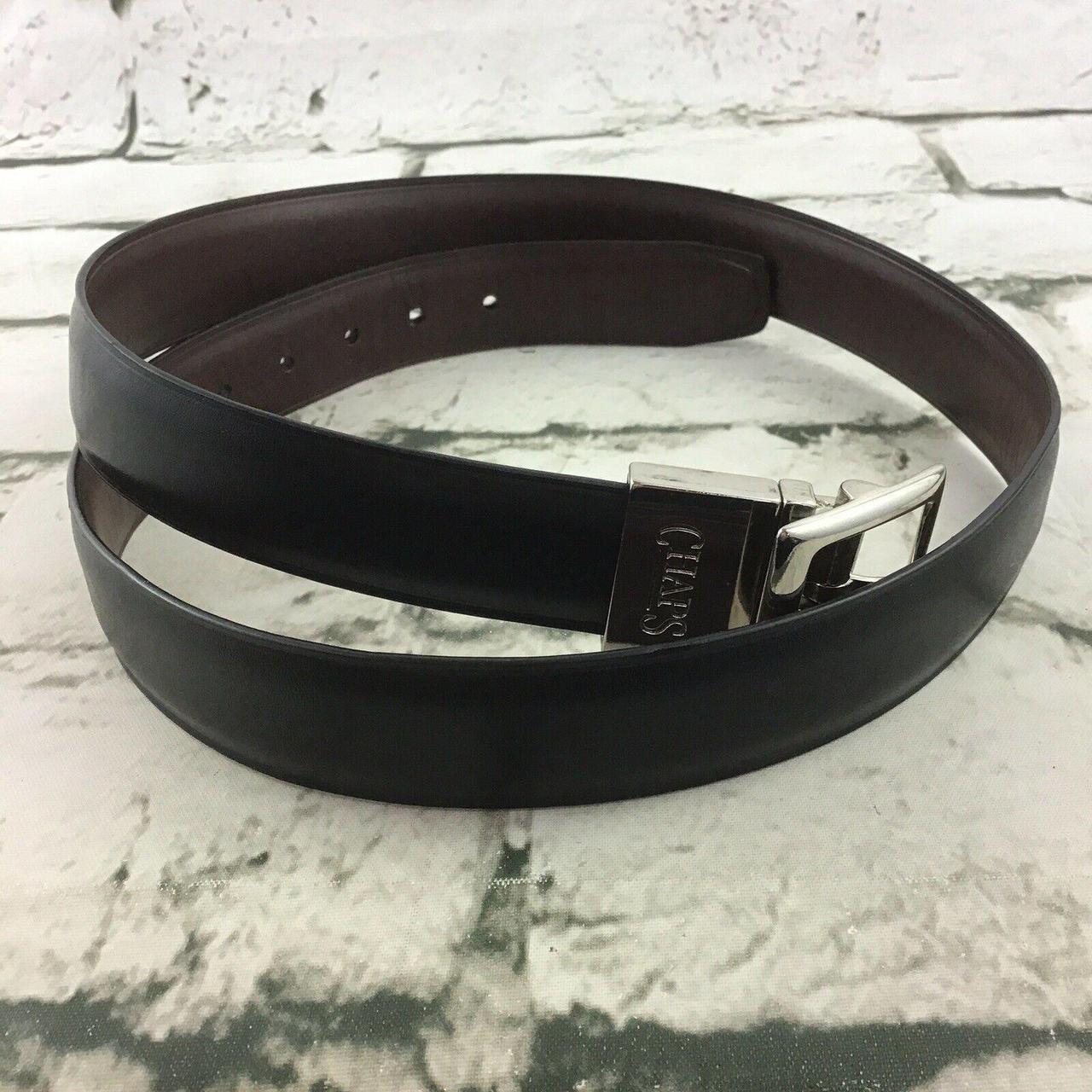 Chaps Mens Belt Black Faux Leather SilverTone... Depop