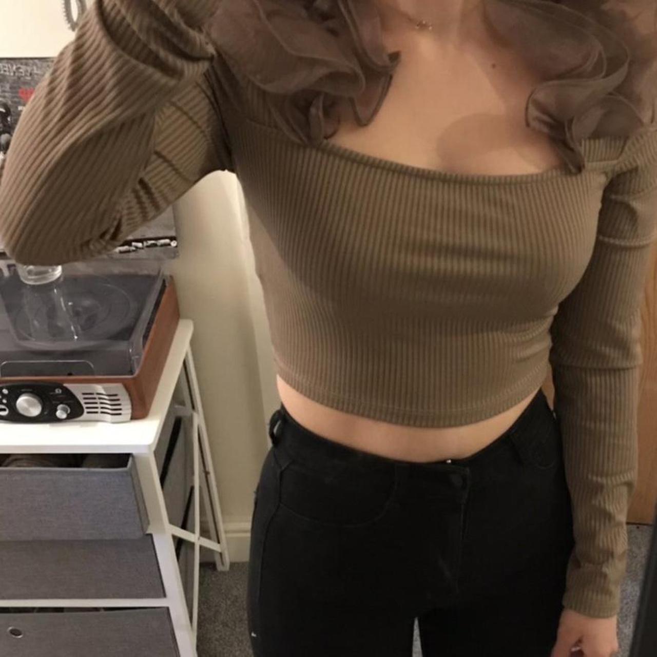 Zara NWT brown tulle cropped long sleeve square neck - Depop