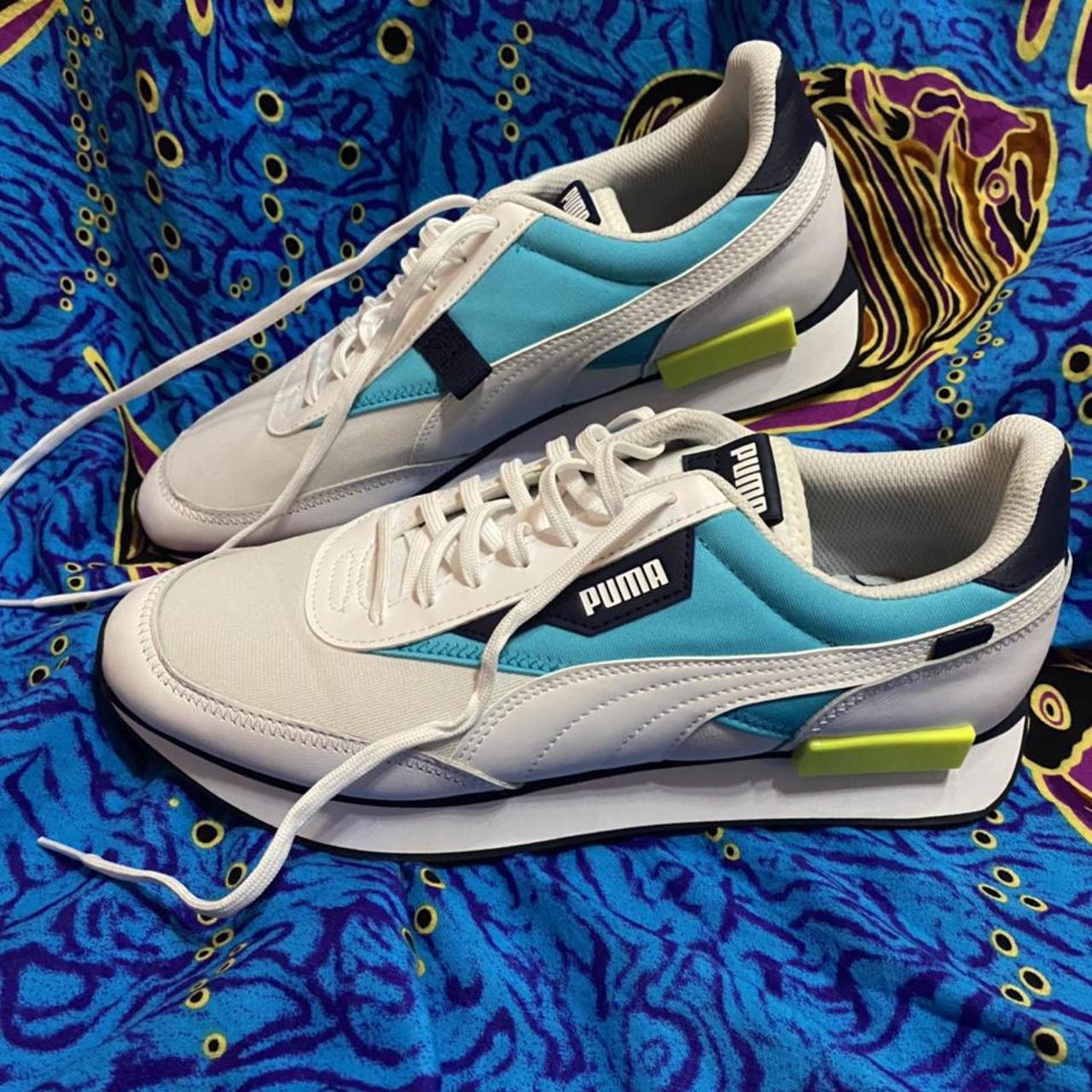 Puma Men's White and Blue Trainers | Depop