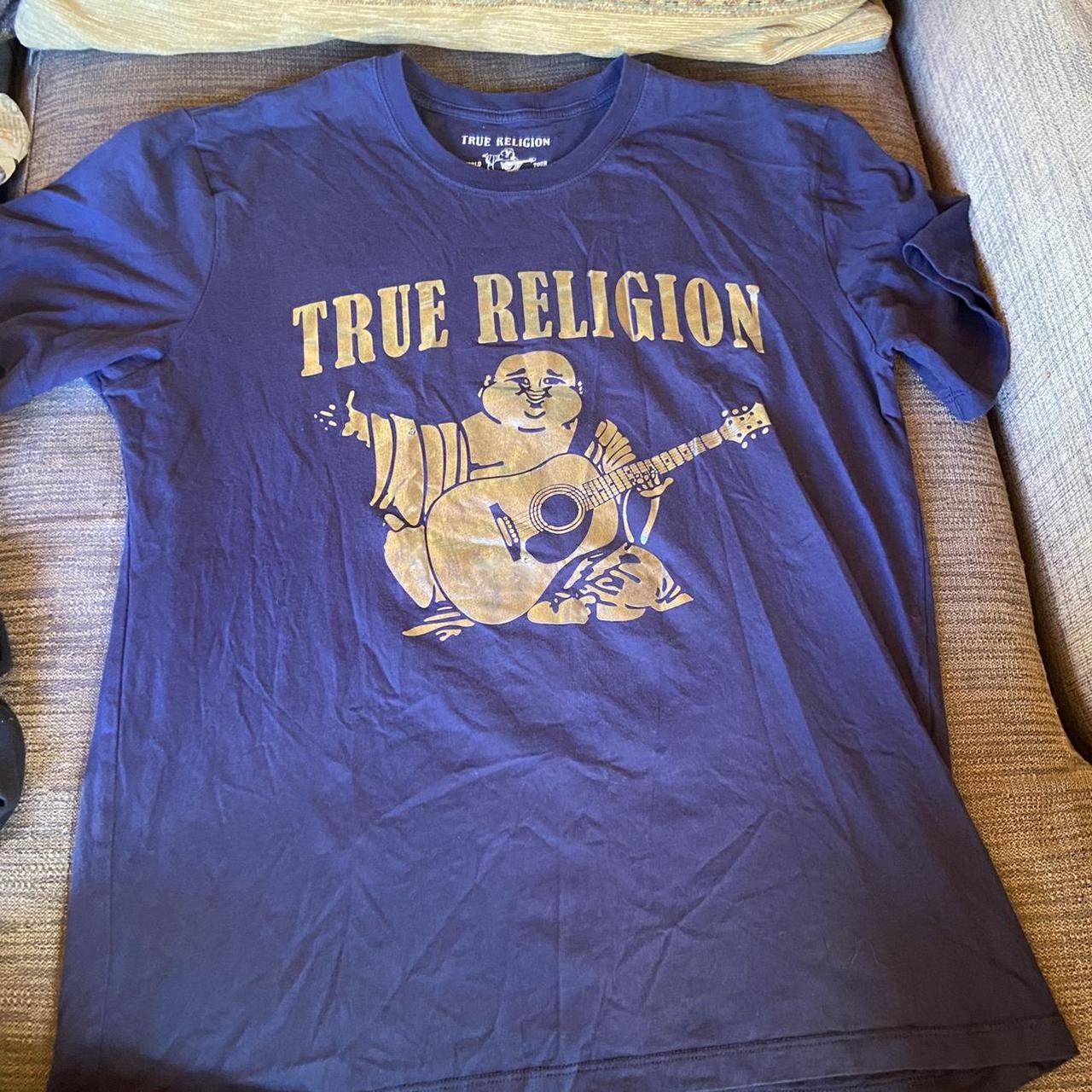 True religion size large navy blue and silver logo... - Depop